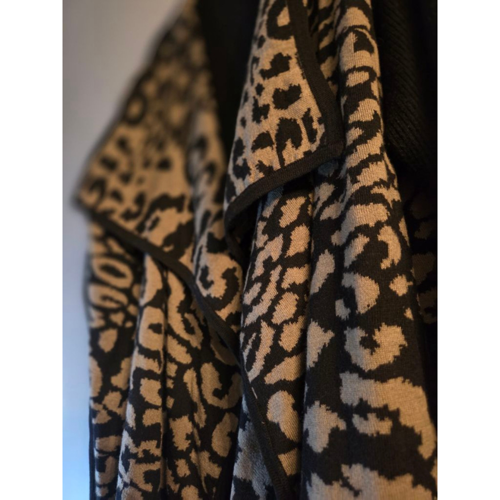 Women's Alison Sheri Leopard Print Cardigan L Black Beige - Picture 3 of 3
